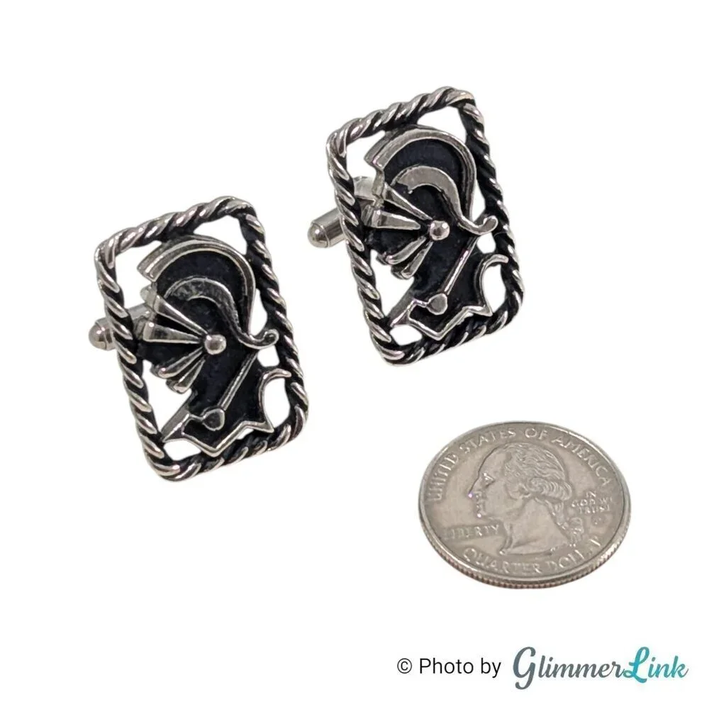 Vintage Knight Centurion Rectangular Rope Black Silver Tone MCM Cufflinks